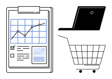 Panodaki çizelge, laptop silueti, alışveriş arabası. İş analitiği, e-ticaret, piyasa araştırması, finans, girişimcilik için ideal. Modern temizlik minimalisti
