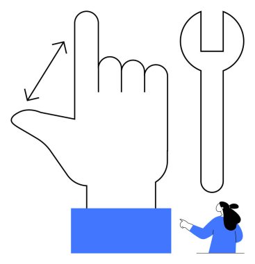 Büyük bir el, ingiliz anahtarı ve yukarıyı gösteren mavili küçük bir adamın yanında işaret ediyor. DIY projeleri, dersler, teknik rehberler, tamir hizmetleri, ev geliştirme için ideal. Minimalist