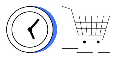 Sol tarafta mavi aksanlı bir saat, sağ tarafta da alışveriş arabası var. Zaman yönetimi, online alışveriş, programlama, e-ticaret ve verimlilik temaları için ideal. Basit ve modern stil