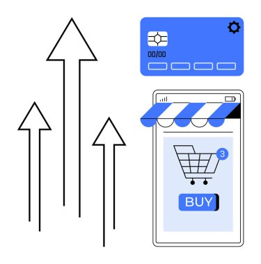 Yukarıya bakan oklar online alışveriş arabası ve kredi kartı olan akıllı bir telefonun yanında çevrimiçi alışveriş ve mobil ödemelerdeki artışı gösteriyor. Ekommerce, çevrimiçi ödemeler, cep telefonu için ideal