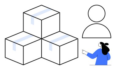 İçinde bant olan üç kutu, maviler içinde bir kişi ve basit bir kullanıcı simgesi. Lojistik, teslimat, envanter yönetimi, e-ticaret ve depo operasyonları için ideal. Basit soyut