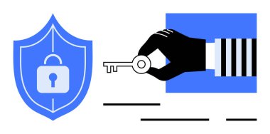 Kilit sembollü bir kalkanın yanında anahtar tutan bir el. Siber güvenlik veri koruması internet güvenliği online güvenlik şifre yönetimi için idealdir. Basit modern tasarım
