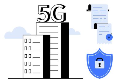 Üzerinde 5G işareti olan iki bina, işaretli bir belge ve asma kilitli bir güvenlik kalkanı. Haberleşme, internet, güvenlik, teknoloji ve kentsel altyapı için ideal