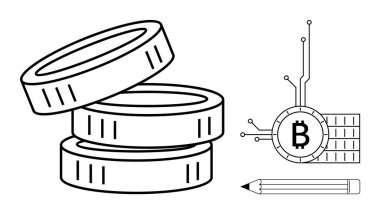 Üç bozuk para yığını, devre elementli Bitcoin sembolü ve beyaz arka planda kalem. Kripto para birimi, engelleme teknolojisi, dijital finans, yatırım ve fintech için ideal. Basit satır sanatı
