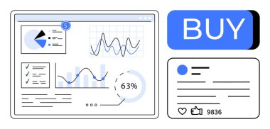 Pasta grafiği, kontrol listesi, çizgi grafikleri, yüzde göstergesi, sosyal medya profili ve satın alma düğmesi olan veri paneli. İş analizleri, performans takibi, dijital pazarlama, e-ticaret için ideal