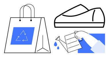 Geri dönüşüm sembollü çevre dostu alışveriş torbası, minimalist ayakkabı ve el sulama bitkisi. Sürdürülebilirlik, geri dönüşüm, eko-bilinç, minimalizm, çevre dostu ürünler için ideal