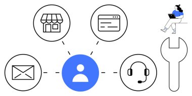 Müşteri hizmetleri desteği bir mağaza, web sitesi, e-posta, kulaklık ve bir kişi için simgelerle gösterilir. Dizüstü bilgisayarı olan, İngiliz anahtarı olan bir kadın. Müşteri desteği, iletişim ve e-ticaret için ideal