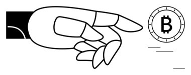 Robotik el Bitcoin sembolüne uzanıyor, kripto para ticareti ve engelleme teknolojisindeki otomasyonu gösteriyor. Finans, teknoloji, yapay zeka, otomasyon, kripto para ticareti, dijital