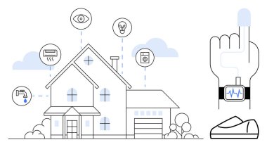 Modern ev, ışıkları, güvenliği, cihazları ve sağlık kontrollerini kontrol eden akıllı cihazlarla entegre edildi. Akıllı yaşam için ideal, sağlık teknolojisi, ev otomasyonu, enerji verimliliği, konfor, ev