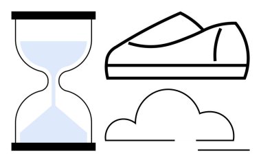 Mavi kumlu kum saati, minimalist ayakkabı ve bulut çizgisi. Zaman yönetimi, rahatlama, basitlik, rahatlık, minimalizm ve sükunet temaları için idealdir. Satır metaforu