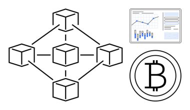 Birbirine bağlı engelleme düğümleri, Bitcoin sembolü ve grafik ve istatistikleri gösteren finansal veri tablosu. Fintech, kripto para birimi, yatırım, teknoloji, ademi merkeziyet, blok zinciri için ideal