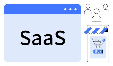 Büyük metin bir bilgisayar penceresi içinde SaaS okur. Simgeler mobil uygulama ekranında kullanıcıları ve alışveriş arabasını temsil ediyor. Hizmet e-ticari kullanıcı etkileşimi için ideal bir çevrimiçi alışveriş aracı