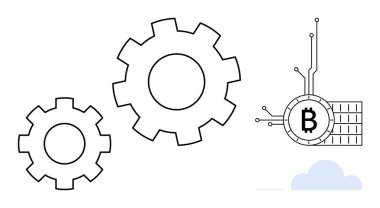 Devre kartında siyah ve beyaz dişliler ve Bitcoin sembolü blok zinciri ve kripto para birimi teknolojisini vurguluyor. Finansal teknoloji, engelleme bilimi, dijital işlemler için ideal