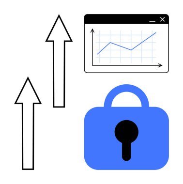 Yukarı doğru iki ok, artan eğilimli bir grafik ve asma kilit. İş geliştirme, veri güvenliği, dijital büyüme, finansal istikrar ve teknoloji için idealdir. Basit modern biçim