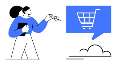 Elinde tabletle elinde alışveriş arabası ikonuyla mavi konuşma balonuna doğru hareket eden bir kadın. Çevrimiçi alışveriş, e-ticaret, dijital pazarlama, iş sunumları, teknoloji tanıtımı, perakende satış için ideal