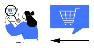 Mavi bir sohbet balonunda, alışveriş arabasının yanında büyüteçle profili inceleyen bir kadın. E-ticaret, müşteri analizi, çevrimiçi alışveriş, piyasa araştırması, dijital pazarlama için ideal