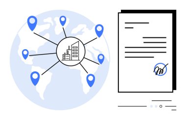 İmzalı bir belgenin yanında merkezi bir iş merkezine bağlanan yer işaretleyicili dünya haritası. Küresel iş, anlaşmalar, lojistik, ortaklıklar, dış kaynak kullanımı ve uluslararası ticaret için ideal