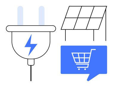 Yıldırımlı enerji prizi, güneş paneli ve alışveriş arabası ikonu. Sürdürülebilir enerji, e-ticaret, yenilenebilir kaynaklar, çevre dostu çözümler, yeşil teknoloji, elektrik yenilikleri için ideal