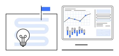 Ampul kıvrımlı yolda bayrak ve grafik ve çizelgelerle gösterge paneli ile birlikte. İş planlaması, proje yönetimi, strateji geliştirme, veri analizi, takım işbirliği, pazar