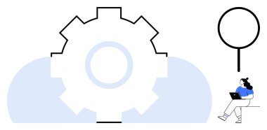 Büyük vites mekanizması, bulut simgesi, büyüteç ve dizüstü bilgisayar kullanan biri. Teknoloji, bulut hesaplama, yazılım geliştirme, araştırma, veri analizi, problem çözme, kullanıcı için ideal