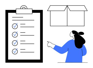 Listesi olan bir panoya ve açık bir kutuya bakan bir kadın. Görev yönetimi, organizasyon, proje planlaması, iş lojistiği ve verimlilik için ideal. Basit satır sanatı biçimi