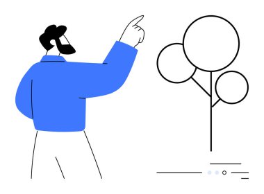 Mavi gömlekli adam soyut ağaca doğru bakıyor. İş vizyonu, gelecek planlama, büyüme, liderlik, rehberlik, çevresel farkındalık ve stratejik düşünme temaları için ideal. Çizgi