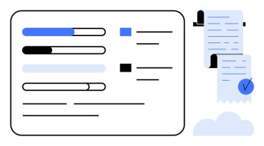 Sayısal arayüzde çoklu ilerleme çubukları ve kontrol listeleri mavi ve siyah renkli, kaydırma simgesi ve işaretli. Üretkenlik uygulamaları proje planlama performans izleme yönetimi için ideal