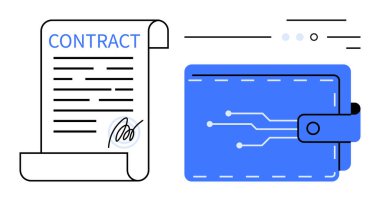 Mavi ve beyaz tonlarında elektronik cüzdanın yanında imzası olan bir parşömen. Güvenli işlemler, e-ticaret, fintech, engelleme zinciri, dijital anlaşmalar, çevrimiçi ödemeler için ideal