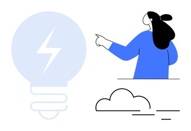 Bulutların üzerinde gök gürültüsü sembolü olan bir ampulü işaret eden kişi. Beyin fırtınası, fikirler, yenilik, yaratıcılık, enerji ve eğitim için idealdir. Mavi ve siyah renkli minimalist vektör biçimi