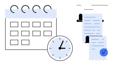 Birkaç boş tarihli takvim, saati gösteren bir analog saat, ve kontrol listesi işaretli makbuzlar veya faturalar. Zaman yönetimi, planlama, planlama, organizasyon için uygun