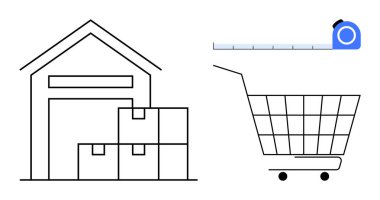 İçinde kutular, alışveriş arabası ve minimalist tarzda mezura olan bir depo çizimi.