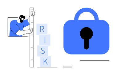 RISK blokları mavi kilidin yanındaki kuleyi ölçüyor. Risk yönetimi, güvenlik, koruma, veri gizliliği, güvenlik planlaması için ideal. Minimalist vektör biçimi