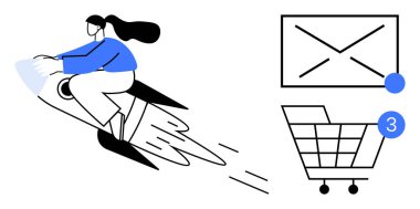 Roket süren bir kadın, hız ve hırsı simgeliyor, e-posta uyarısı simgeleri ve tetikte alışveriş arabasıyla. Çevrimiçi alışveriş, dijital pazarlama, e-ticaret, iş büyümesi için ideal