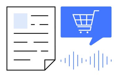 Ses dalgası grafikleri eşliğinde bir konuşma balonu içinde metin satırları ve mavi bir alışveriş arabası ikonu olan bir belge. E-ticaret, çevrimiçi alışveriş, dijital pazarlama, iletişim ve perakende için ideal