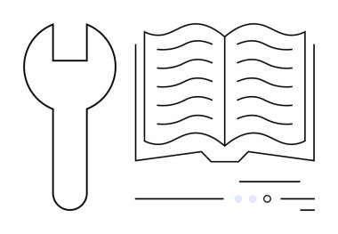 Açık kitabın yanında metin satırları ve nokta elemanları olan bir simge çiz. Kullanıcı rehberleri, onarım kılavuzları, teknik destek, mühendislik belgeleri, öğretici materyal, bakım talimatları için ideal