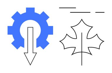 Mavi dişli, merkezde geniş aşağı doğru ok çizilmiş akçaağaç yaprağı ve yatay çizgilerin yanında. Teknoloji, mühendislik, Kanada sembolü, ilerleme, otomasyon, doğa, basitlik için ideal. Pankart