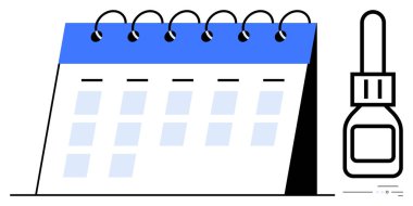 Desk calendar with spiral binding alongside a bottle of glue, representing organization and planning. Ideal for organizing schedules, planning events, office tasks, productivity tips, time clipart