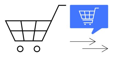 Alışveriş arabasının sapı ve tekerlekleri mavi bir konuşma balonunun yanında bir alışveriş arabası ikonu var. Sağ taraftaki oklar hareketi gösteriyor. E-ticaret için ideal, çevrimiçi alışveriş, perakende satış, dijital