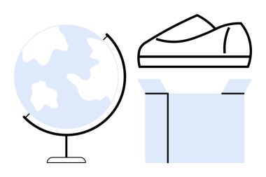 Uluslararası ticaret ve küresel dağıtımı temsil eden açık bir kutunun üzerindeki dünya ve ayakkabı. E-ticaret, nakliye lojistiği, küresel iş büyümesi, ürün tedarik zinciri, çevrimiçi pazarlama için ideal