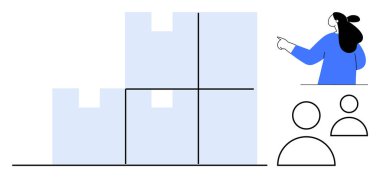 Kadın, iki taslak figürün yanındaki dört konteynırı işaret ediyor. İş için ideal, lojistik, takım çalışması, planlama, verimlilik. Basit, net, modern stil