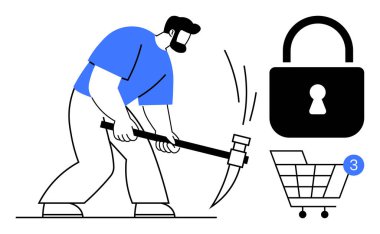 Korumayı vurgulayan bir güvenlik kilidi simgesiyle online bir alışveriş arabasını hacklemeye çalışan bir adam. Siber güvenlik, çevrimiçi alışveriş, dijital güvenlik, hack önleme için ideal