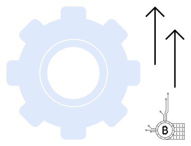 Büyük vites şekilli, yukarı doğru iki ok, dijital devreli Bitcoin sembolü. Teknoloji için ideal, kripto para birimi, finansal büyüme, engelleme zinciri, yenilik. Basit modern biçim