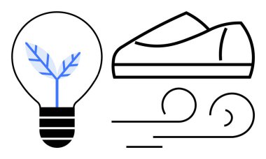 İçinde mavi yaprak olan ampul, minimalist ayakkabı grafiği, hareketli rüzgar çizgileri. Sürdürülebilirlik için ideal, çevre dostu yenilik, yaratıcı düşünce, yeşil teknoloji, yenilenebilir enerji