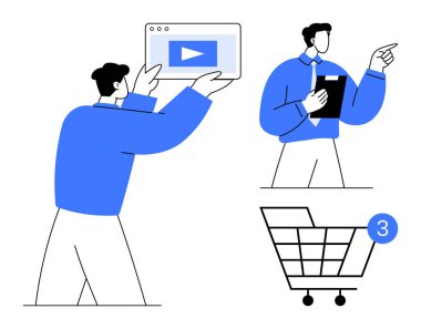 Elinde video olan bir adam, elinde başka bir pano olan ve işaret eden bir adam. Tebligatlı alışveriş arabası. E-ticaret, dijital pazarlama, çevrimiçi alışveriş, iş sunumları, yönetim için ideal