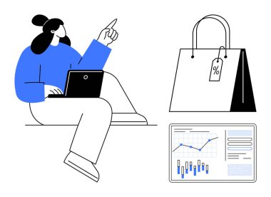 Dizüstü bilgisayarı olan bir kadın, yüzdelik etiketli bir alışveriş çantası ve grafikli veri analiz çizelgesi. Çevrimiçi perakende satış, e-ticaret, piyasa araştırması, iş stratejisi, satış analizi, dijital