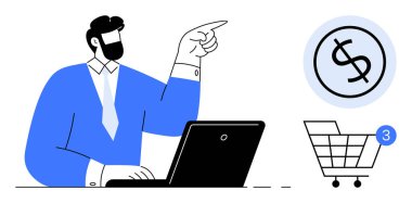 İşadamı, üç eşya ve bir dizüstü bilgisayarla bir alışveriş arabasının yanındaki dolar işaretini gösteriyor. Çevrimiçi alışveriş, iş, dijital pazarlama, finans, teknoloji ve girişimcilik için ideal. Çizgi