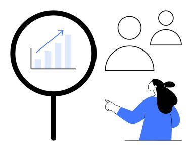 Yukarı doğru ok ve iki şekilli ana hatlarla bir bar tablosunu vurgulayan bir büyüteç. Mavi gömlekli biri haritayı işaret ediyor. İş analizleri, takım çalışması, büyüme, veri için ideal