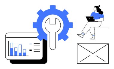 Laptop kullanan kişi, anahtarı olan büyük teçhizat, veri tablosu, e-posta zarfı. Teknoloji, iş stratejisi, uzaktan çalışma, iletişim, veri analizi, proje yönetimi ve teknik destek için ideal