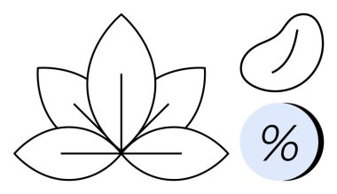 Beş yapraklı çiçek, fasulye şekli ve dairesel arkaplanda yüzde işareti. Refah, doğa, minimalizm, finans, doğal ürünler, çevre dostu temalar ve tasarım için idealdir. Satır metaforu