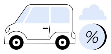 Yüzdelik bir sembol ve bulutun yanında küçük elektrikli araba. Çevre kampanyaları, elektrikli araç tanıtımları, sürdürülebilir yaşam, modern ulaşım, iklim değişikliğini savunmak için ideal